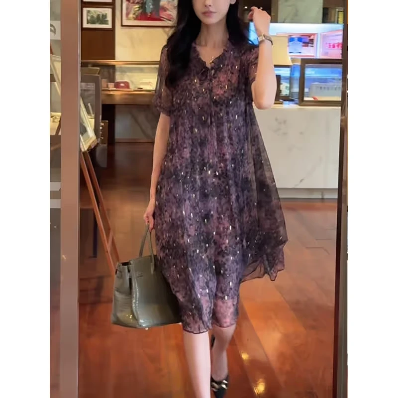 2339#女新款夏装凉快显瘦法式碎花宽松遮肚子韩版波点显瘦连衣裙