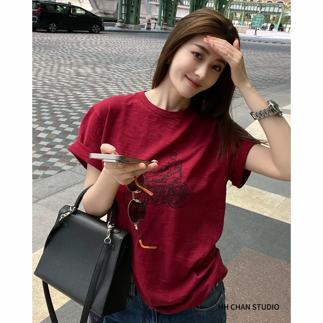 HH.CHAN“双倍热浪”100%棉定制高级红RL新款欧式印花圆领百搭T恤