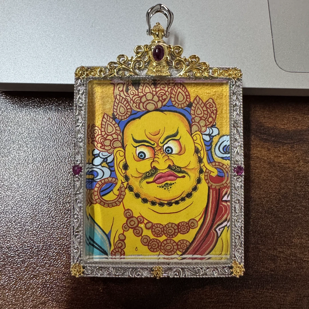 亦真西藏热贡纯手绘矿料精品唐卡黄财神黑财神金刚手背卡五妙音