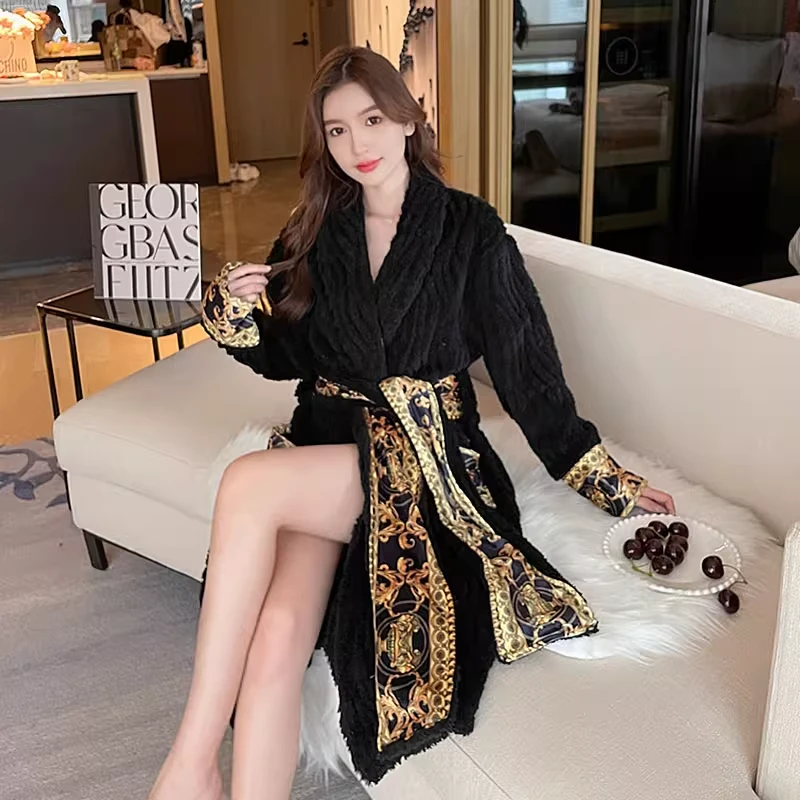 冬季睡袍女珊瑚绒欧式奢华刺绣睡衣黑色浴袍浴衣加厚加绒酒店会所