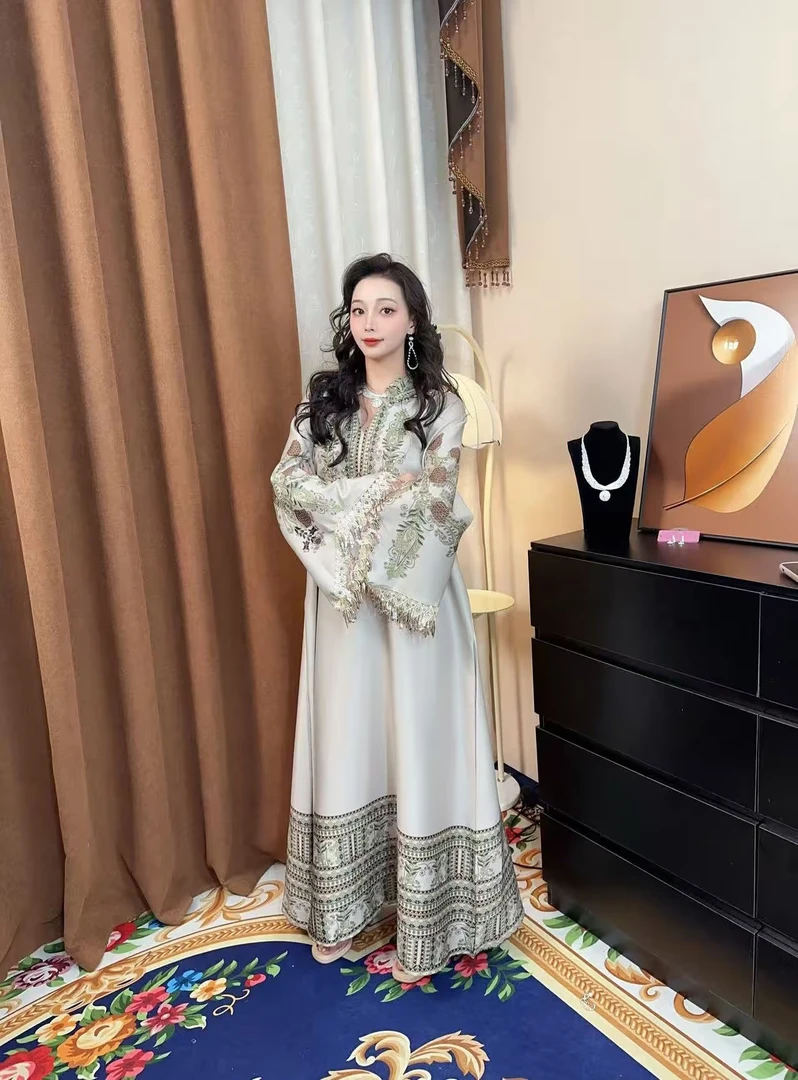 清冷系禅意衣服女优雅手缝钉珠长款连衣裙063