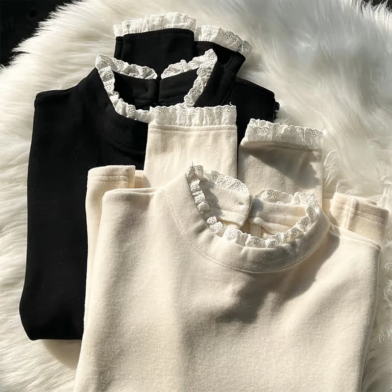 小婉薇蕾丝边半高领长袖磨毛T恤打底衫内搭秋冬季新款软糯上衣女