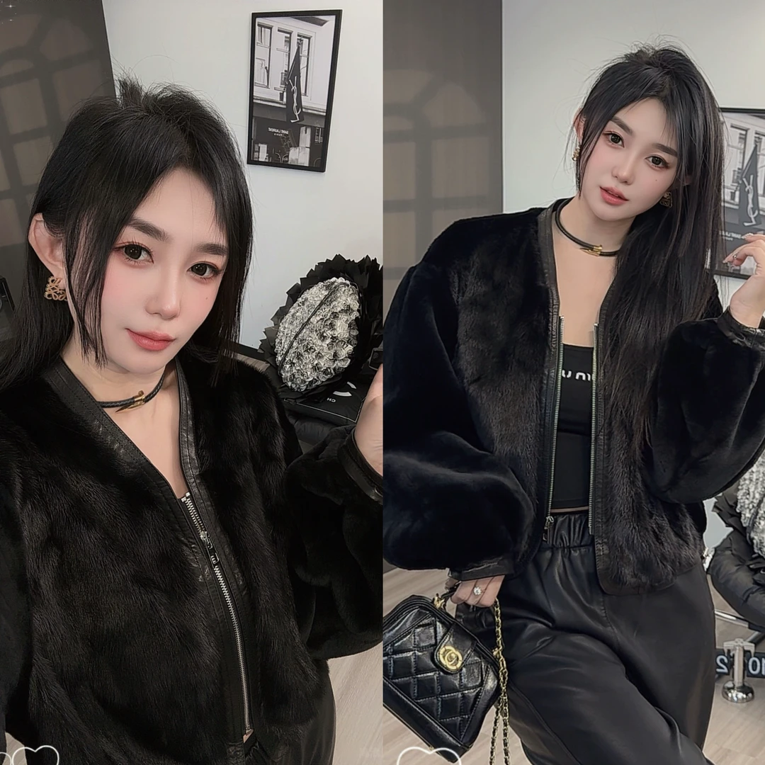 水貂毛拼接皮毛一体女2025冬季新款女装小V领拉链外套长袖上衣