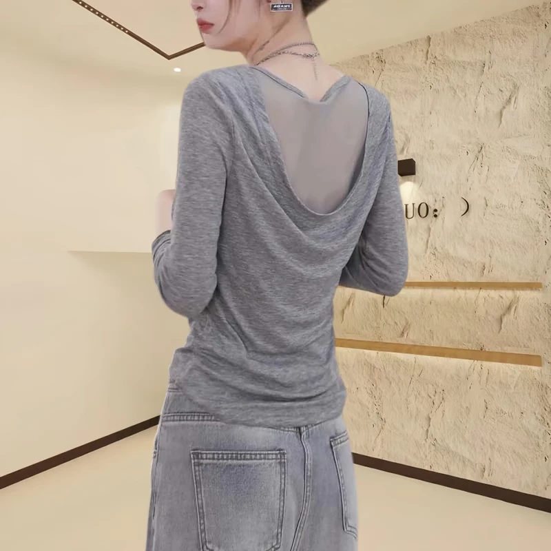 灰色露背网纱拼接圆领长袖打底t恤女春夏季设计感独特超好看上衣