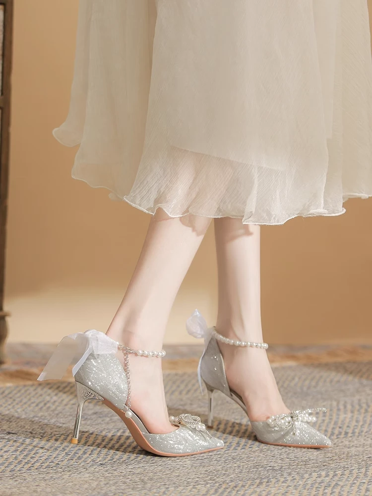银色高跟鞋仙女18岁成年礼水晶婚鞋新娘鞋新款法式细跟不累脚单鞋