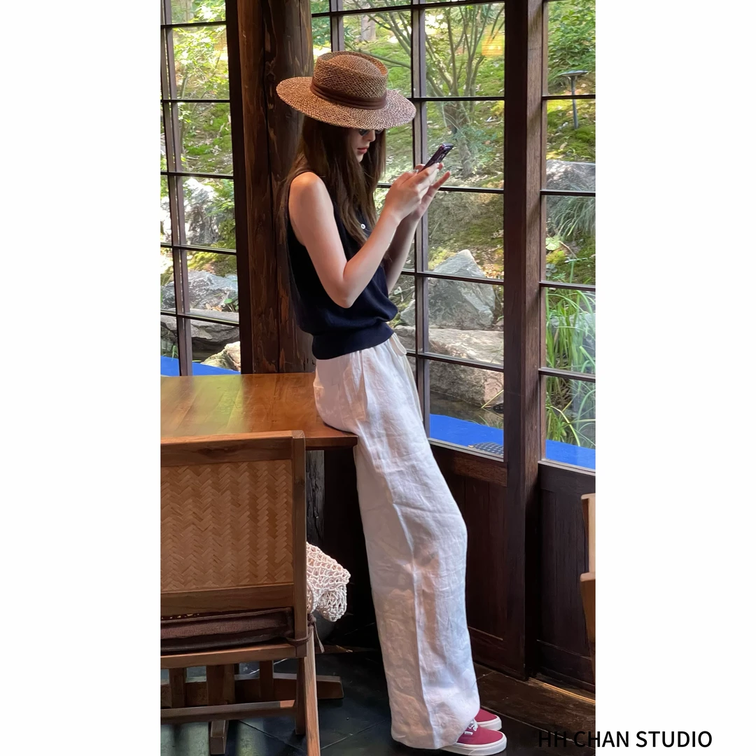 HH.CHAN“白月光”100%色织亚麻质感白直筒松紧腰长裤HH52S37210