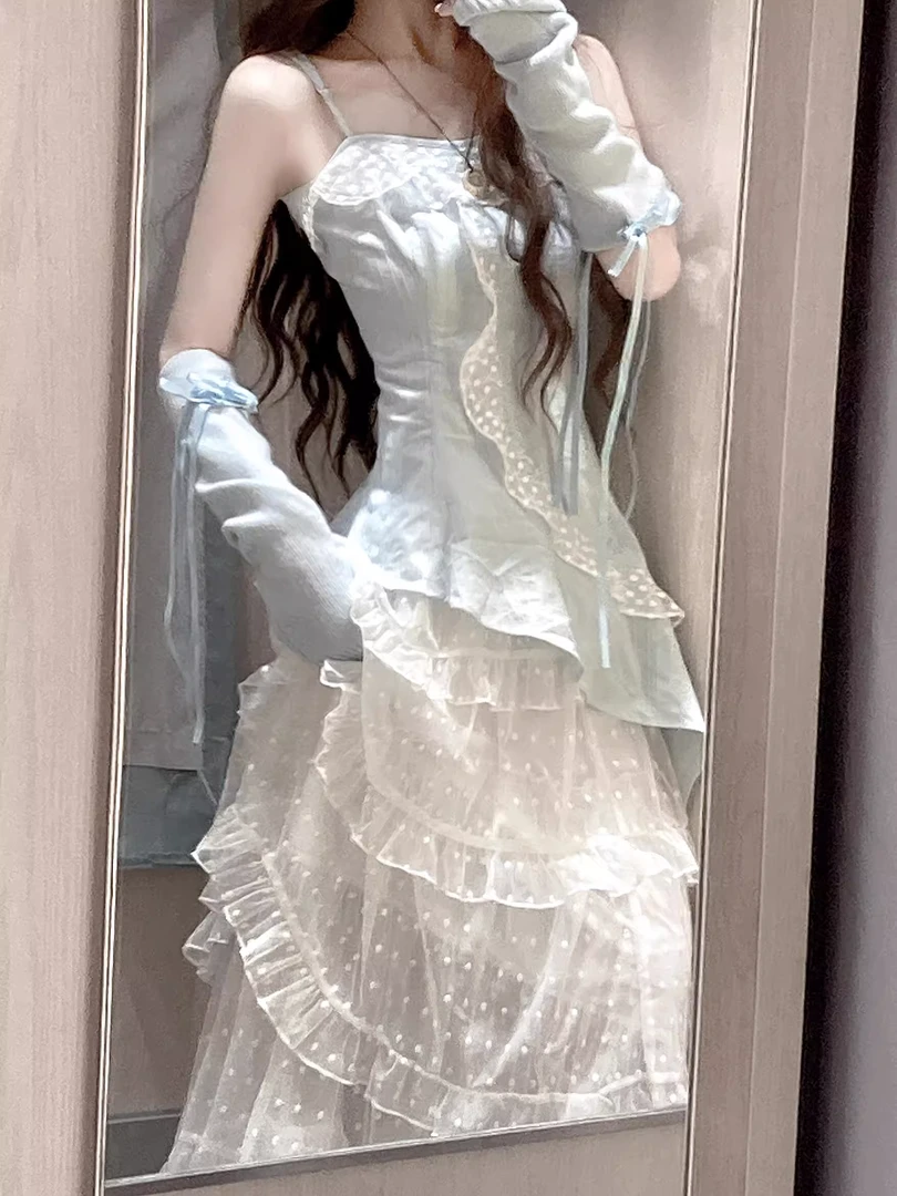 【海盐天空】气质法式设计感韩系甜美不规则荷叶边吊带上衣连衣裙女