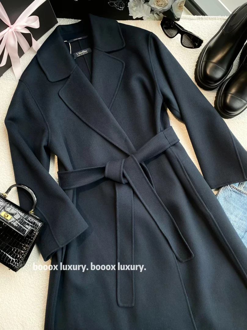 95新 MaxMara pp1458 绵羊毛 黑色腰带大衣 36码
