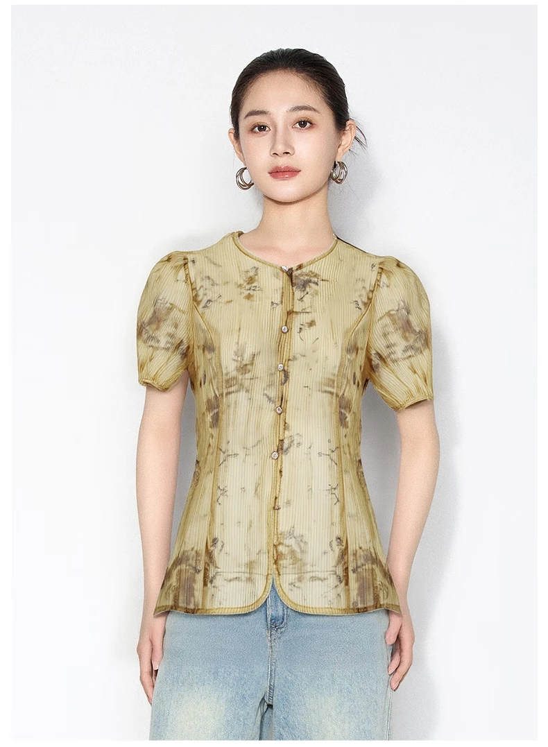 【粉丝专属】肌理印花圆领上衣新中式泡泡袖小衫女VHSA54POX0