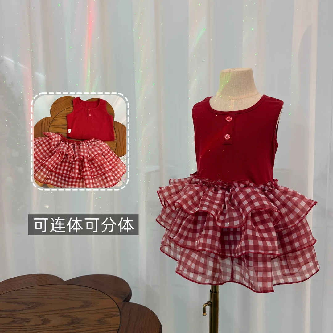 【山楂树】X25139QZ针织格子拼接连衣裙+X25139TZ针织格子两件套