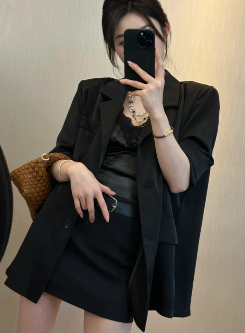 黑色醋酸西装外套女春夏季薄款缎面光泽高级感休闲防晒小西服上衣