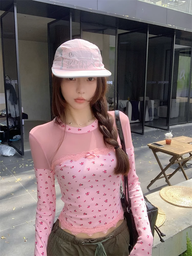美式甜辣妹碎花蕾丝拼接长袖T恤女2025春设计感纯欲修身百搭上衣