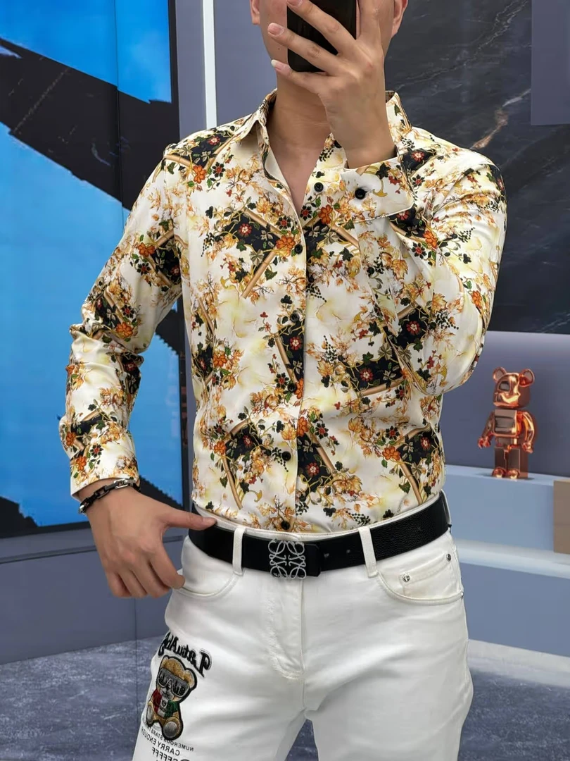 轩诚2025新款修身长袖衬衫碎花痞帅休闲流行印花个性男装潮流