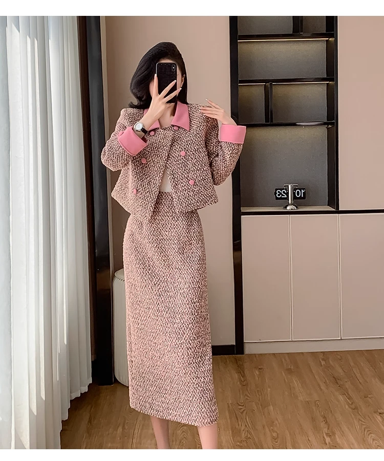 高级感轻奢小香风两件套装裙秋冬新款外套小个子包臀长裙-24635