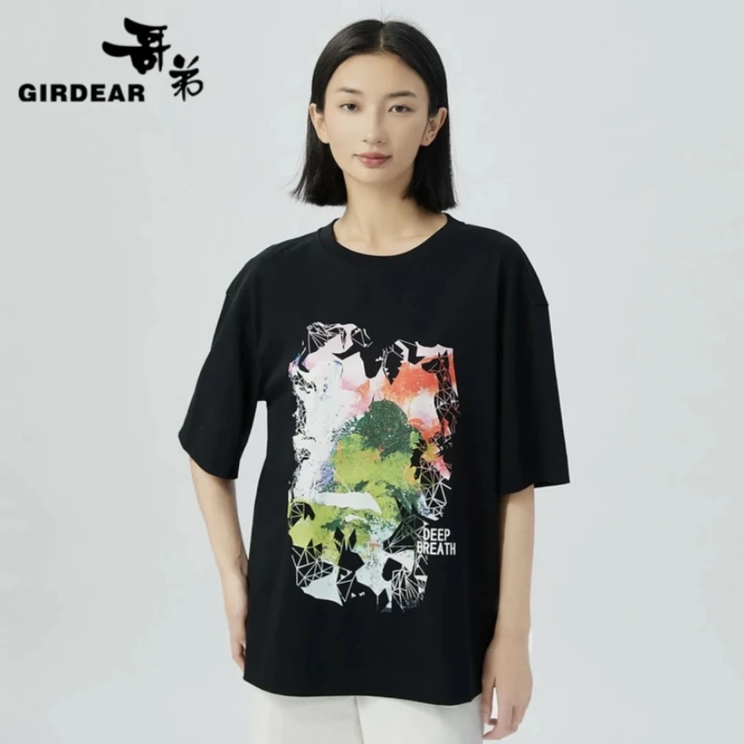 GIRDEAR/哥弟减龄百搭显瘦休闲圆领印花宽松短袖纯棉T恤1300902