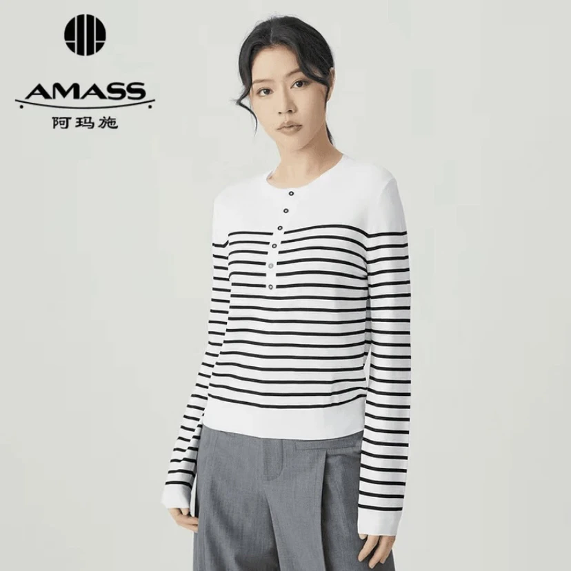 AMASS/阿玛施2024春季新款经典黑白条纹套头长袖针织衫女5399732
