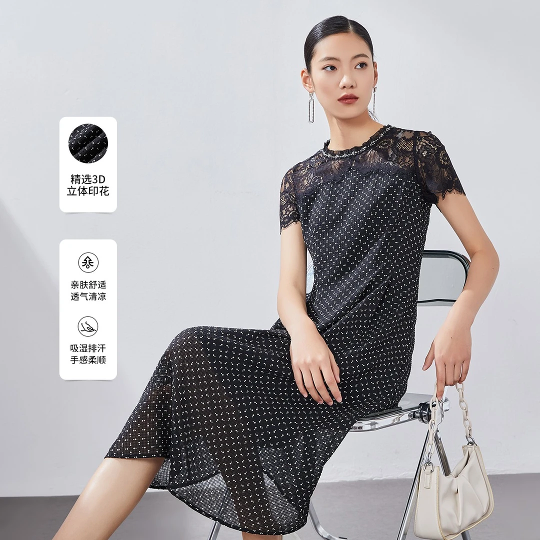【小熊专属】燕迎春气质蕾丝黑白波点连衣裙VRS041DRH0