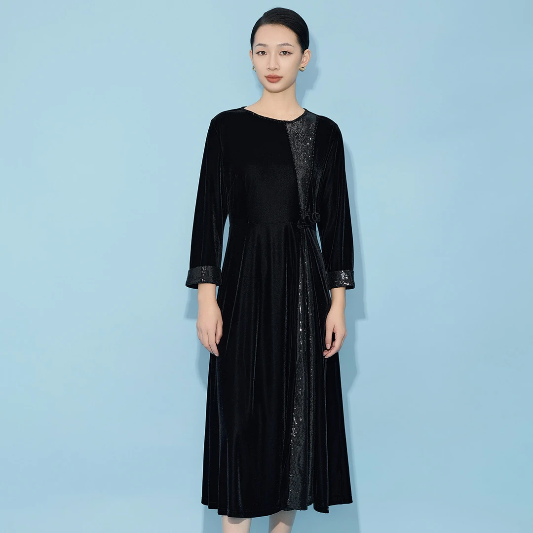 MY TENO/马天奴VDAE74DRX0黑色中长款气质显瘦优雅秋冬连衣裙