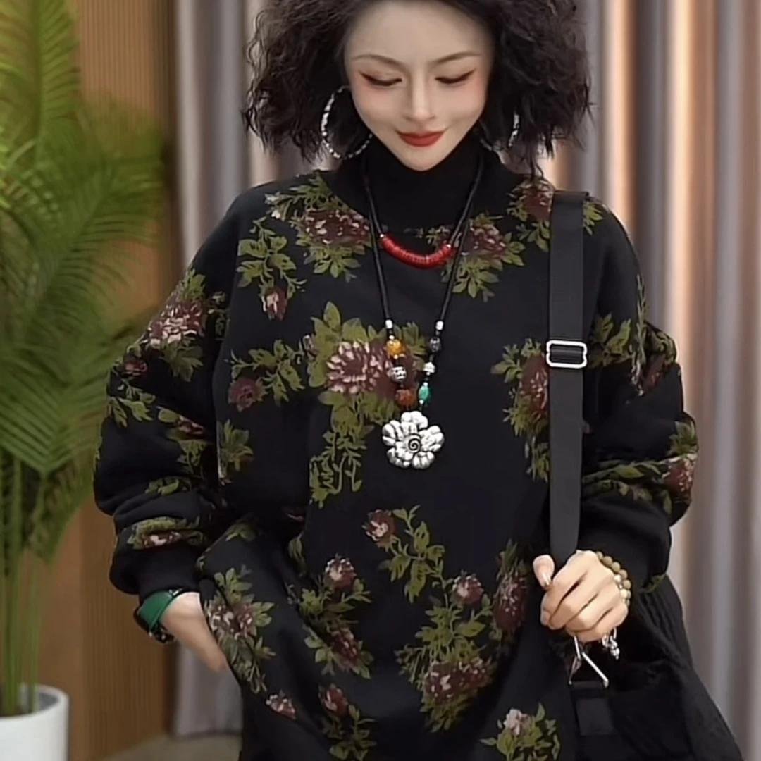 2023秋冬新款女款加绒大版减龄印花时尚百搭半高领长袖卫衣31501