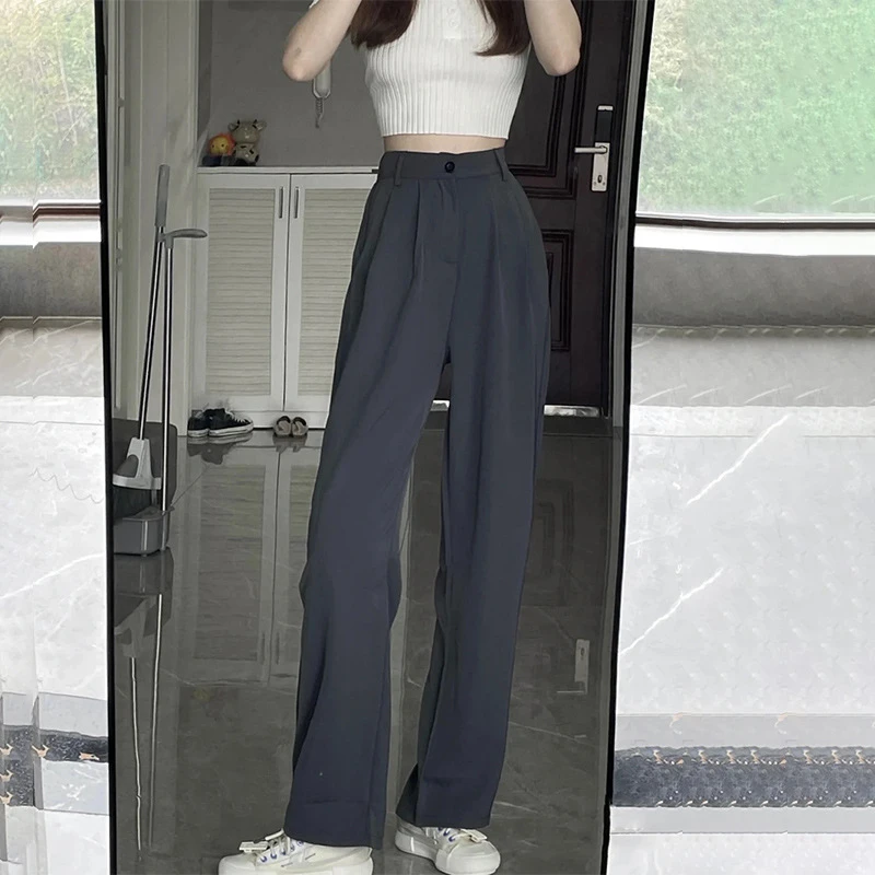 春秋款女灰色西装阔腿裤直筒高腰垂坠感高级感小个子休闲拖地裤子
