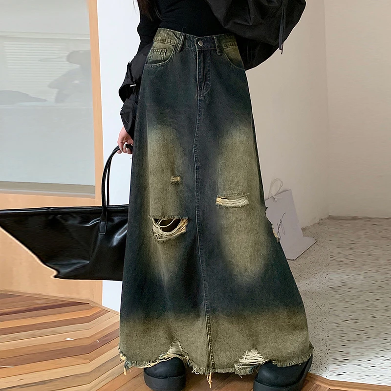 复古牛仔半身裙女a字裙梨型遮胯大码胖mm中长款高腰显瘦包臀裙子