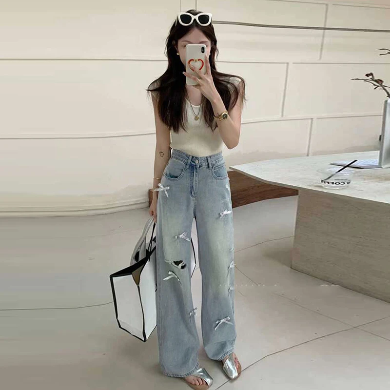 破洞牛仔裤女2025新款秋季小个子大码胖mm高腰显瘦宽松直筒阔腿裤