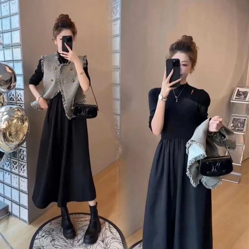 赫本小黑裙纯色复古长袖收腰连衣裙+小香风外套套装
