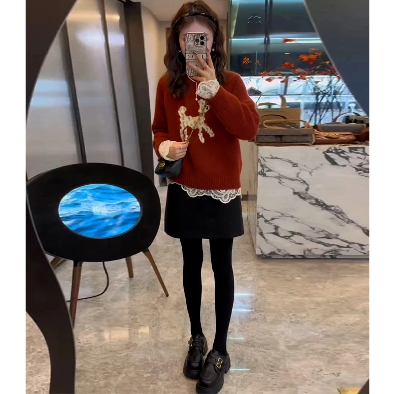 小个子穿搭一整套女冬季2024新款软糯圆领毛衣半身裙两件套