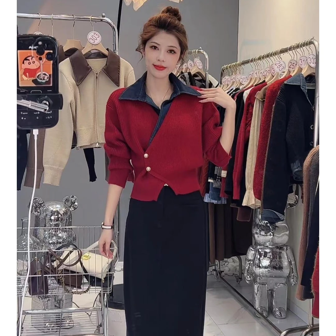 拼接假两件设计感气质百搭时尚翻领毛衣 2024年秋冬季