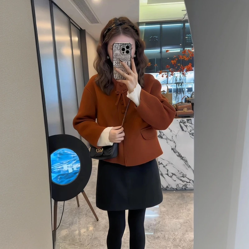 2024秋冬韩版蝴蝶结气质减龄外穿大衣外套小个子修身显瘦短裙套装