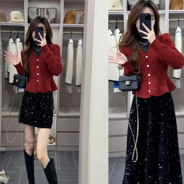 温柔风V领单排扣气质小香风显瘦针织开衫毛衣秋冬细闪套装