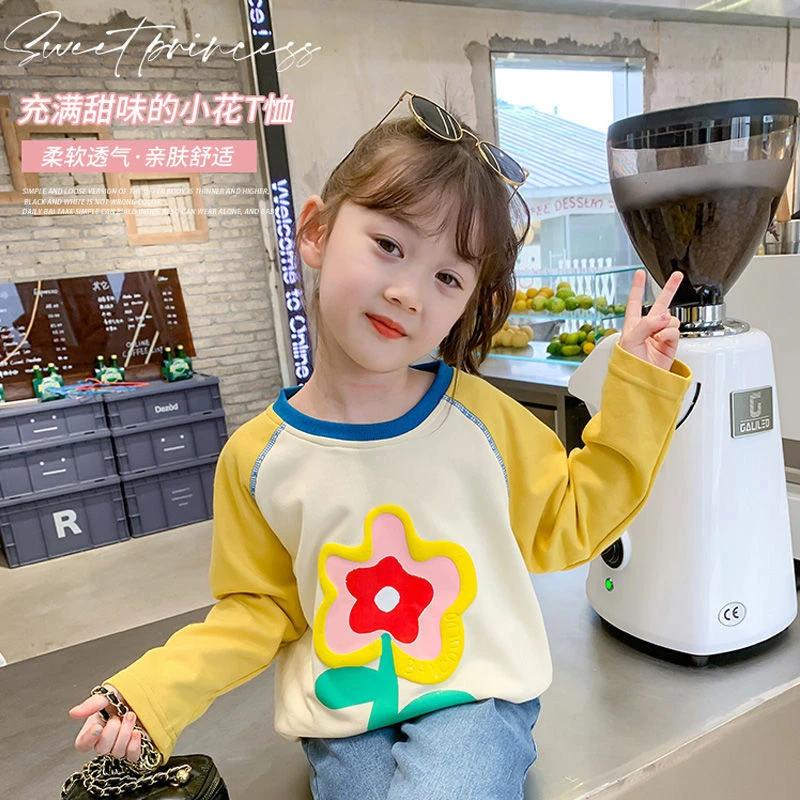 纯棉女童圆领T袖秋款2024新款儿童中小童宝宝打底衫拼色秋季上衣