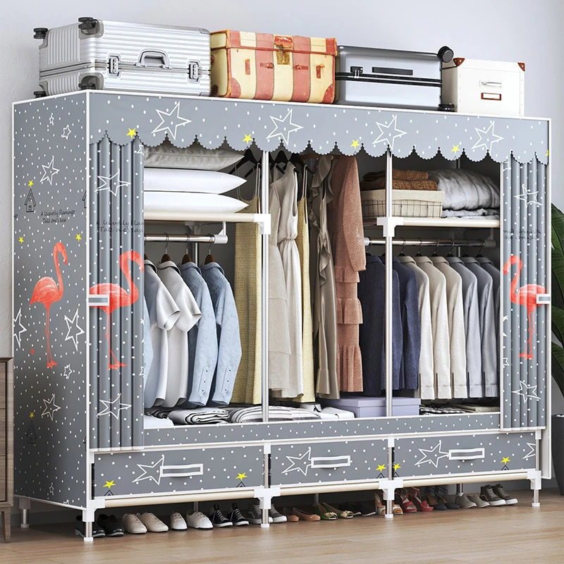 家用卧室防尘窗帘不锈钢简易衣柜带抽屉全钢架布艺铁架布衣柜衣橱