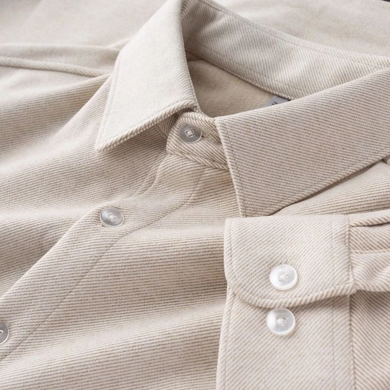 秋冬季轻奢级毛呢衬衫男士长袖宽松刺绣保暖商务休闲方领磨毛衬衣