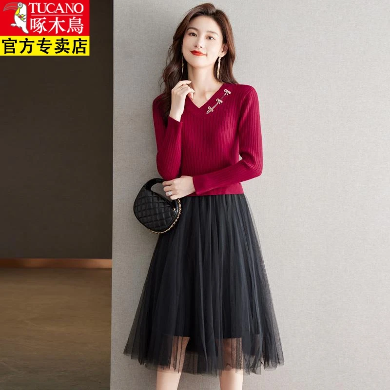 啄木鸟设计感小众气质网纱拼接针织洋装女早秋冬时尚收腰中长版a