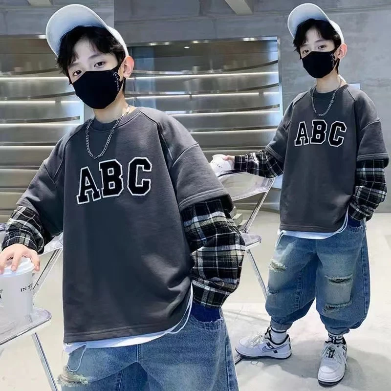 ZS-2126童装洋气时髦中性潮流百搭套头春秋圆领儿童字母休闲卫衣