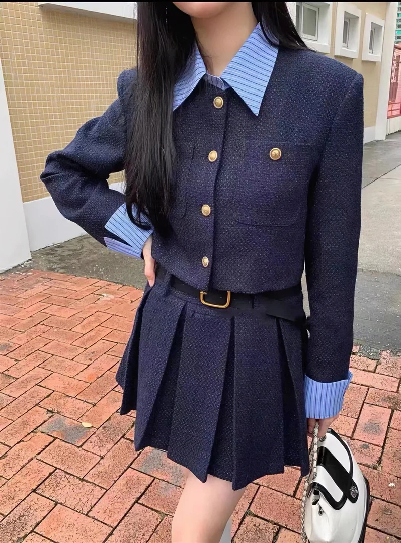 2025秋季新款法式翻领拼接小香风短外套+高腰百褶半身裙两件套女