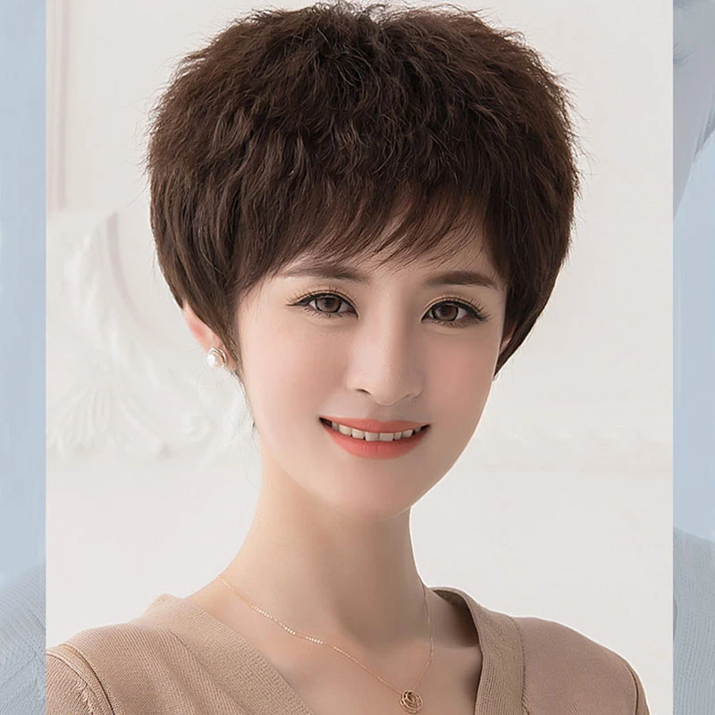 假发真人发丝全头套中老年50-60岁妈妈时尚烟花烫短发女士假发套