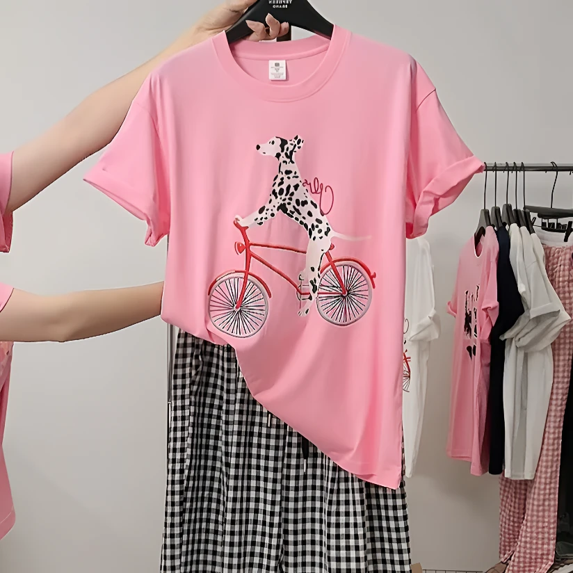 【单车狗狗】夏季女装显瘦ins风纯棉印花圆领卡通休闲短袖t恤女L078