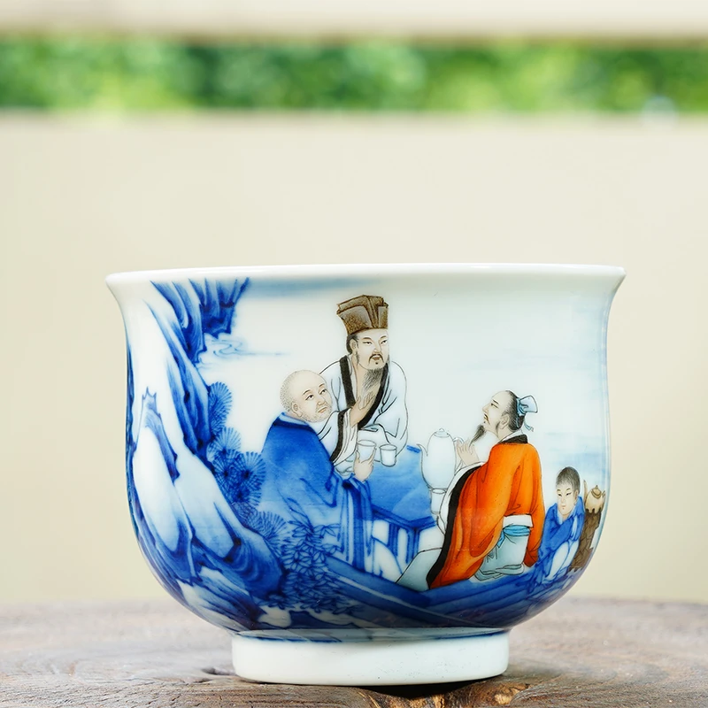 赏瓷楼 余寅窑 青花加彩高仕人物 炉式杯