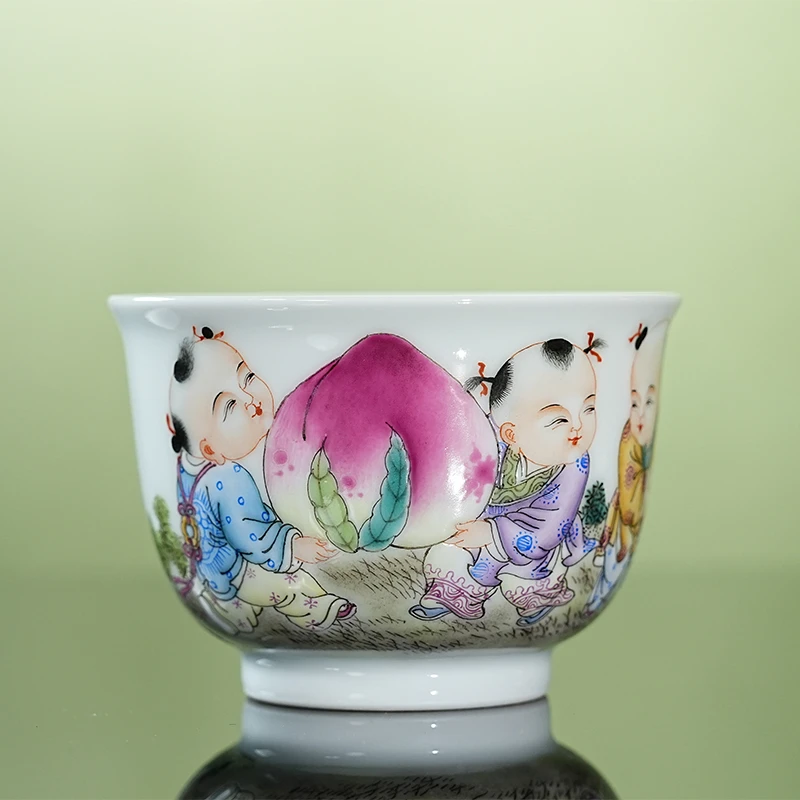 景德镇 春风祥玉邹俊窑 珐琅彩童子献桃金钟杯 名窑手绘陶瓷茶具