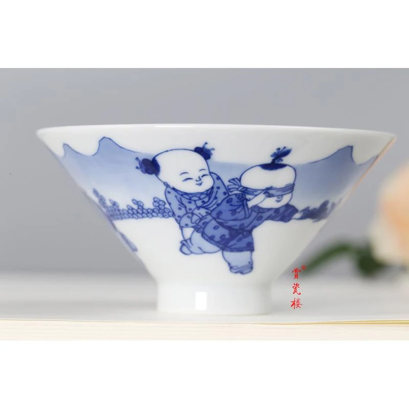 景德镇  春风祥玉邹俊窑 九字款 青花童子斗笠杯名窑手绘陶瓷茶具