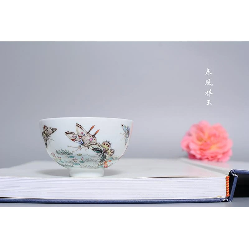 春风祥玉邹俊窑制 老春手绘珐琅彩蝴蝶杯 全手工陶瓷品杯茶杯茶具