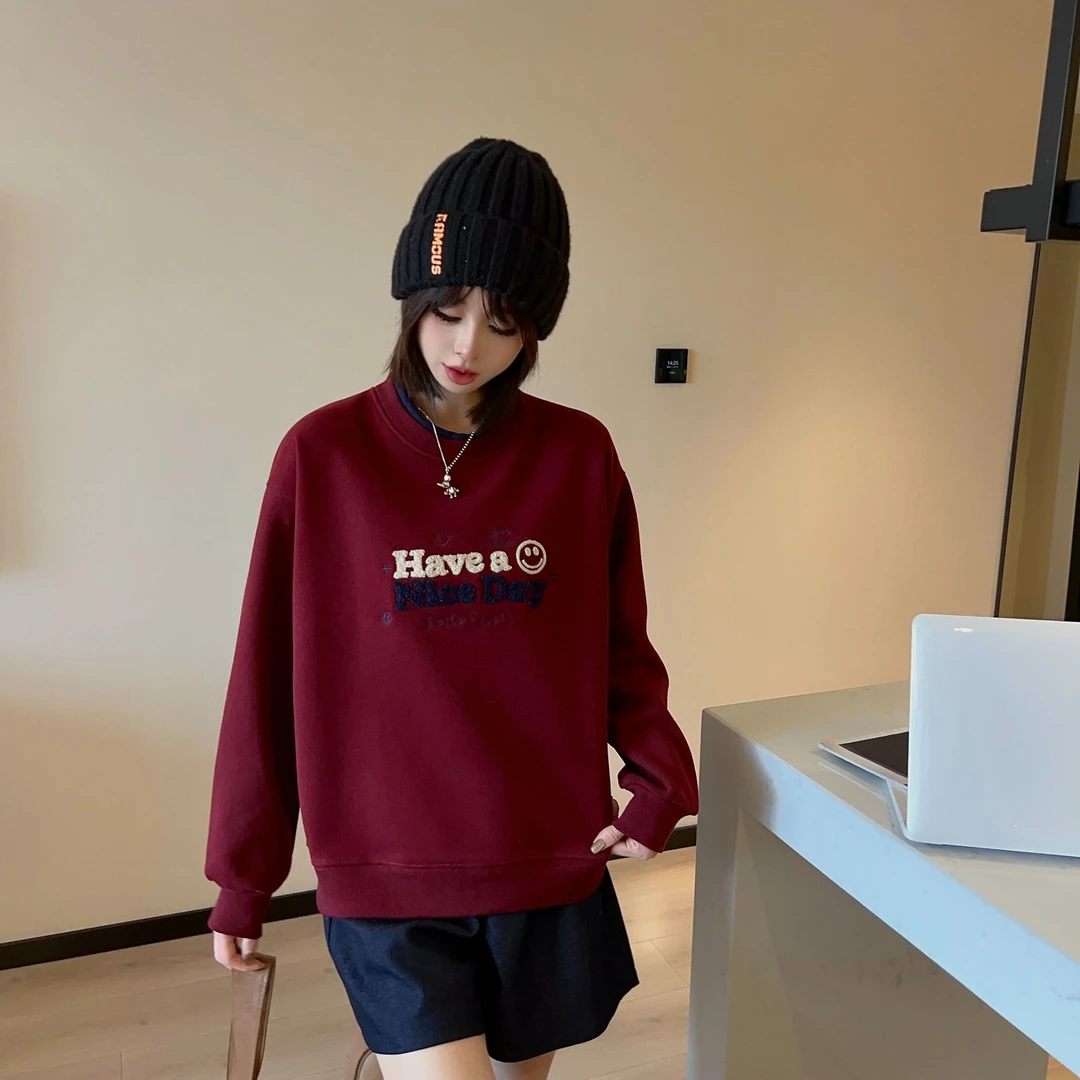 Y266冬季新款加绒韩版时尚毛巾绣字母笑脸女士圆领卫衣24-193