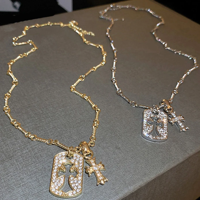 铜合金项链  韩国镶钻十字架项链冷淡风锁骨链毛衣链项饰