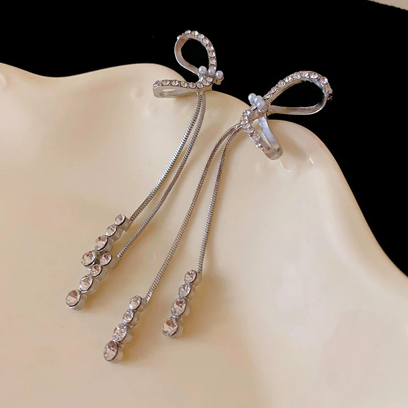 铜合金耳饰 镶钻蝴蝶结流苏耳环欧美轻奢超长耳钉风新款耳饰