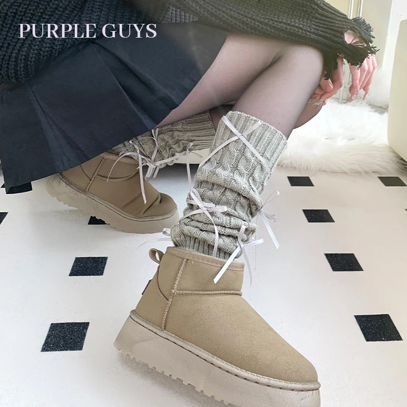 purpleguys灰色蝴蝶结堆堆袜套女秋冬日系jk辣妹配雪地靴长筒腿套