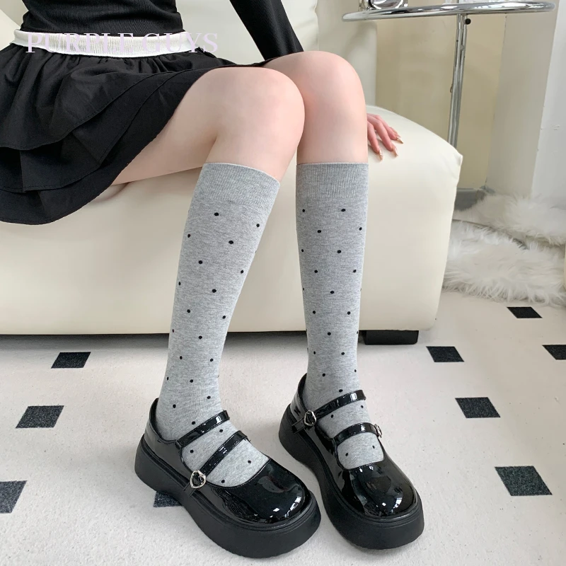 purpleguys灰色波点小腿袜子女夏季薄款纯棉百搭日系ins潮堆堆袜