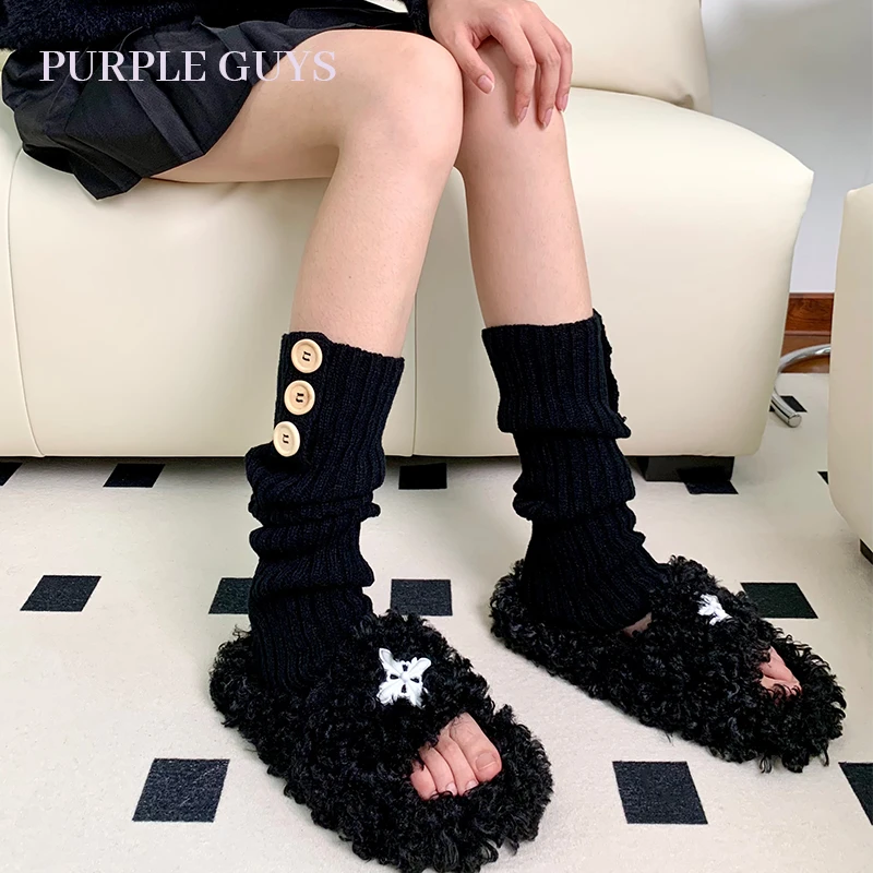 purple guys纯色纽扣袜套女款秋冬日系甜美jk风针织小腿套堆堆袜