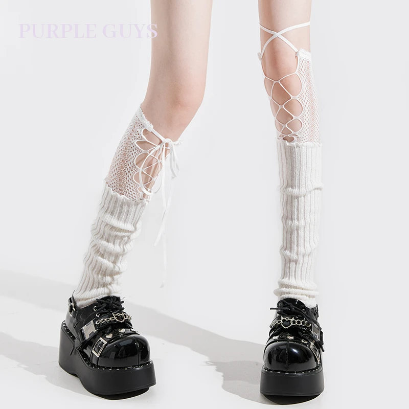 purpleguys蕾丝绑带袜套女春秋千禧风辣妹拼接白色过膝堆堆小腿套